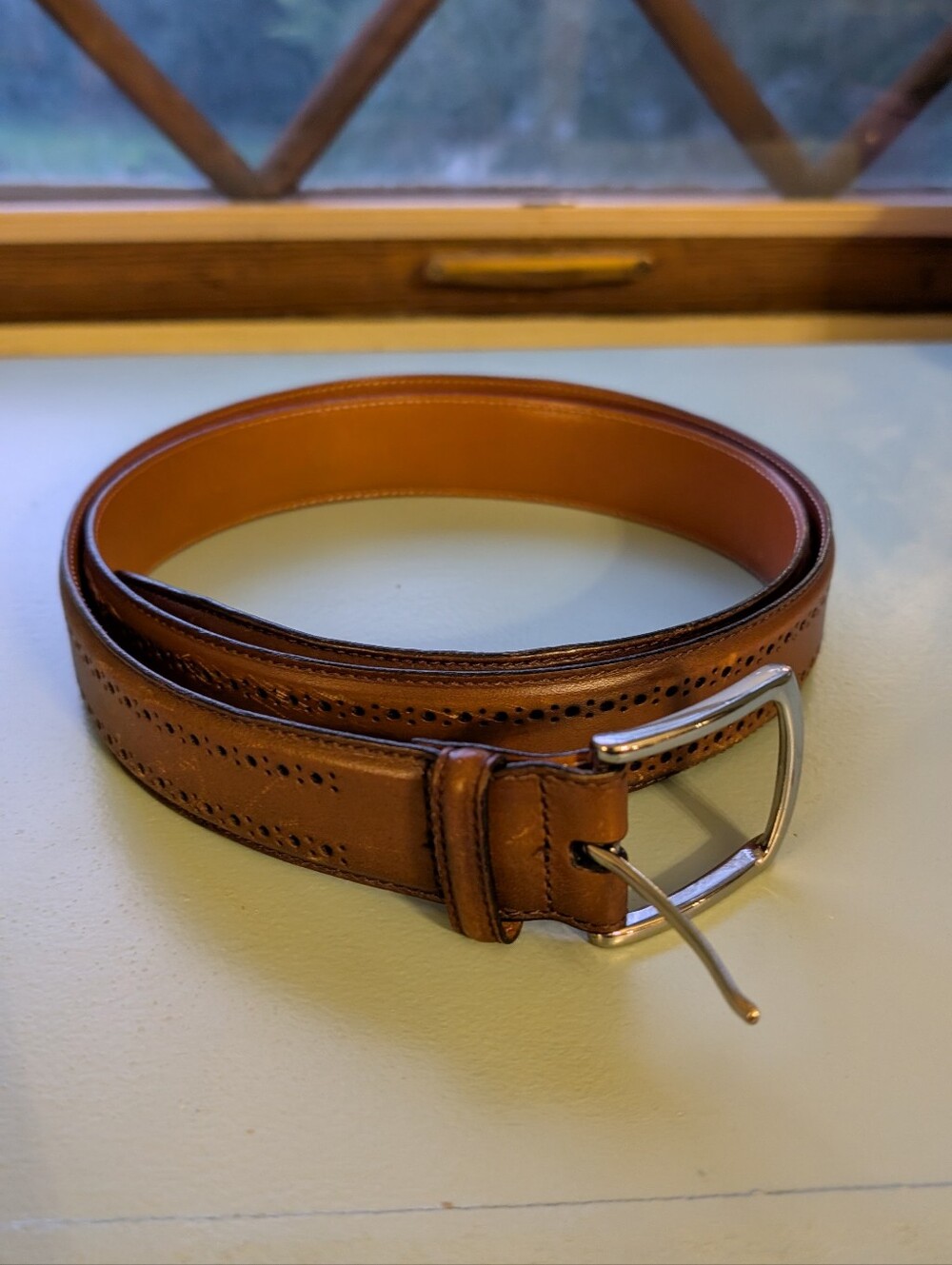 Allen Edmonds Cognac Brown Leather Belt with Silver Buckle Size 46
